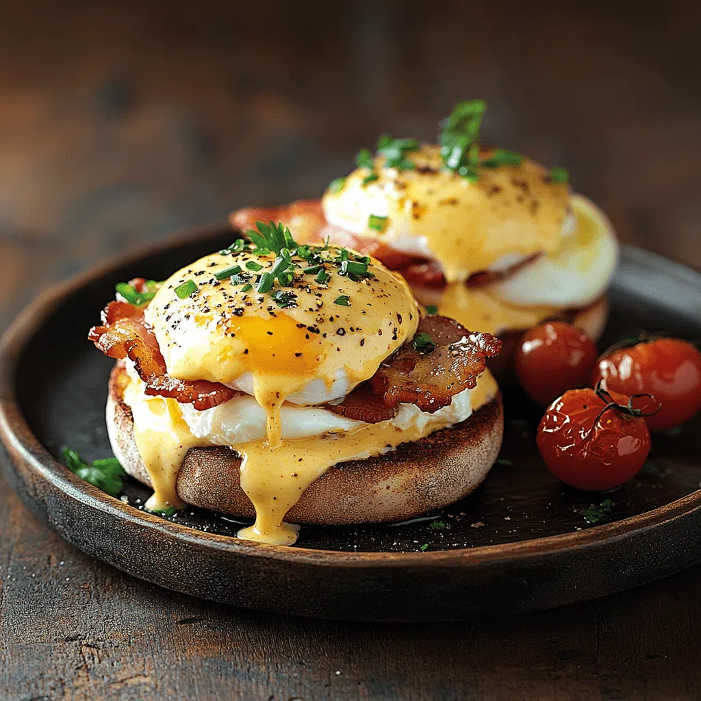 About 6 Classic Eggs Benedict with poached eggs Canadian bacon and hollandaise sauce on toasted English muffins