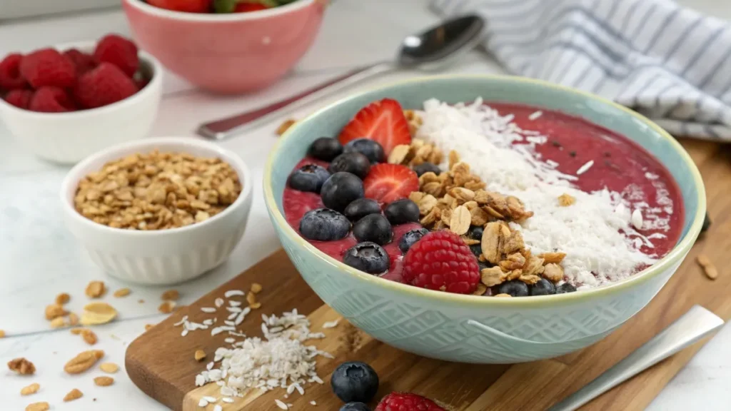 A vibrant smoothie bowl topped with fresh fruits, granola, chia seeds, and shredded coconut, served in a rustic ceramic bowl on a wooden table.