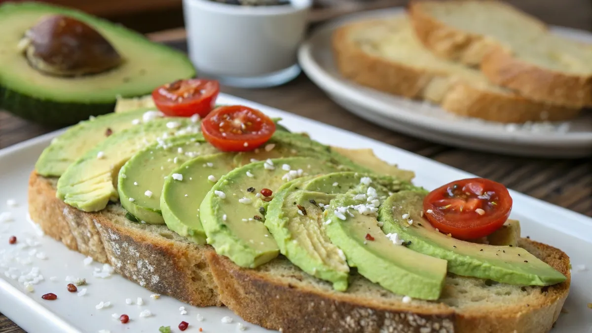 Vegan avocado toast on whole grain bread with a sprinkle of sea salt.