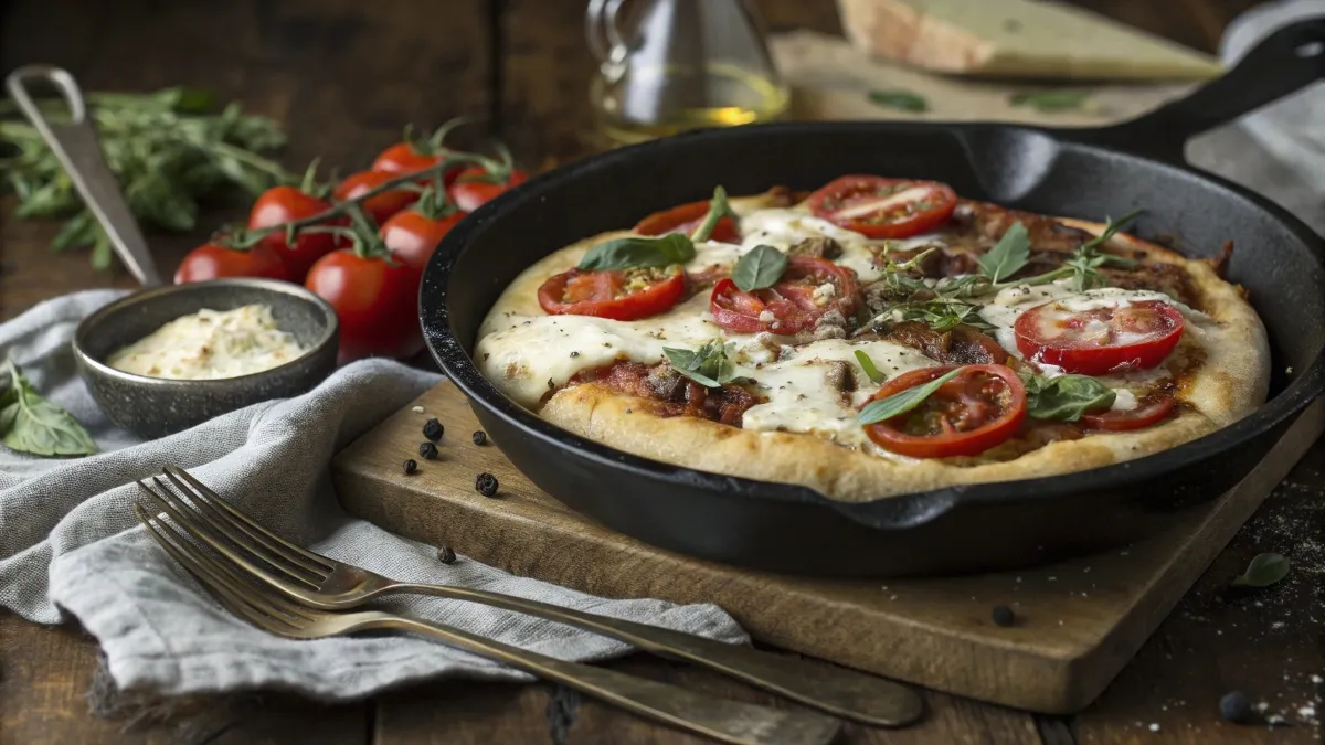 A beautifully cooked classic omelette topped with cherry tomatoes, fresh herbs, and black pepper, served on a black plate on a rustic wooden table.