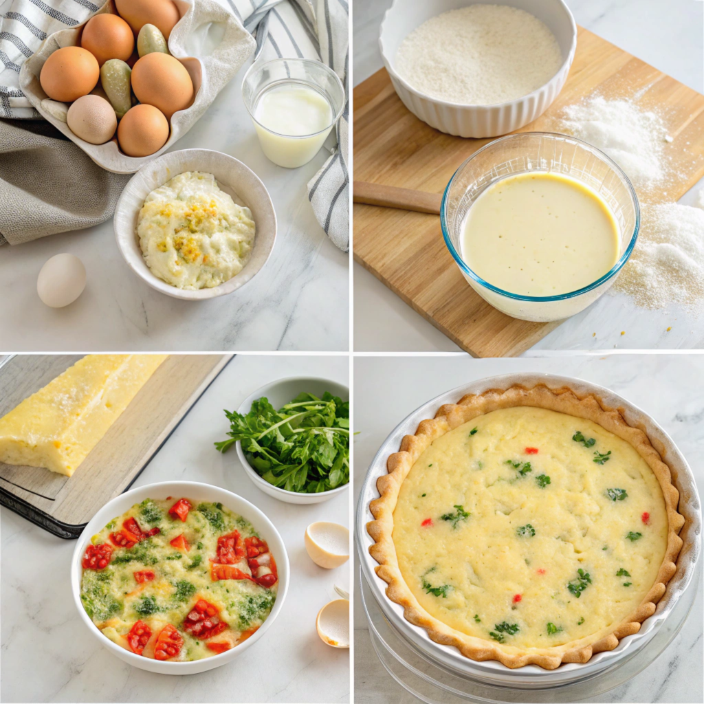 Preparing homemade pie crust for a quiche, with Ingredients for making a classic quiche: eggs, cream, and vegetables