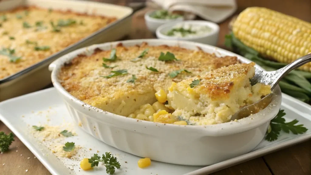 A golden-baked creamy corn casserole served in a rustic dish, topped with melted cheese and fresh parsley for the perfect comfort food.