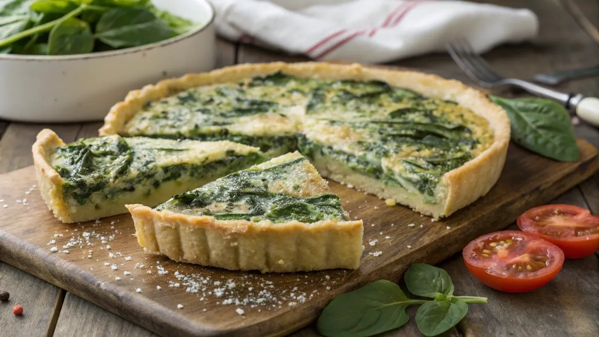 A freshly baked spinach quiche with a golden crust, served on a wooden cutting board with slices of fresh tomatoes and spinach leaves.