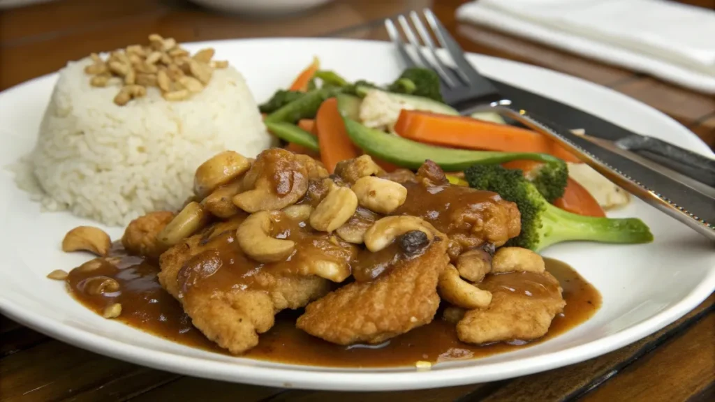 Springfield crispy cashew chicken served with rich, savory gravy, garnished with roasted cashews and fresh herbs on a white plate.