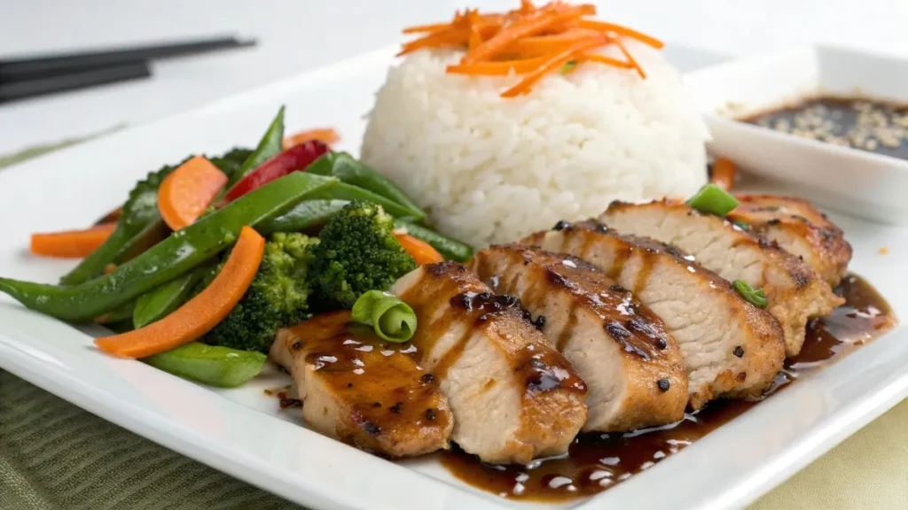 A plate of teriyaki chicken glazed with a savory sauce, served with steamed rice and fresh vegetables—a perfect weeknight dinner.