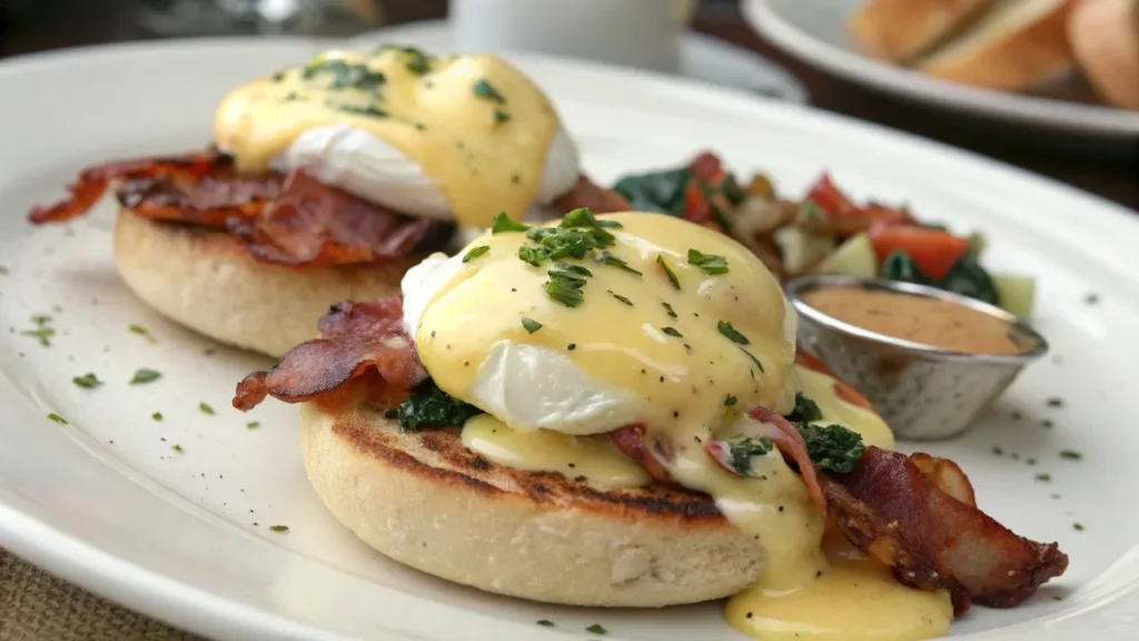 Classic Eggs Benedict with poached eggs, ham, hollandaise sauce, and English muffin, highlighting its history.