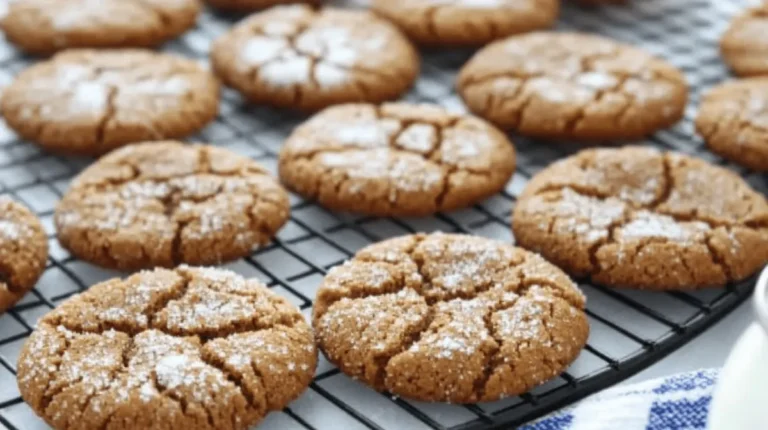 Freshly baked ginger molasses cookies with a cracked surface, lightly dusted with sugar, cooling on a wire rack.