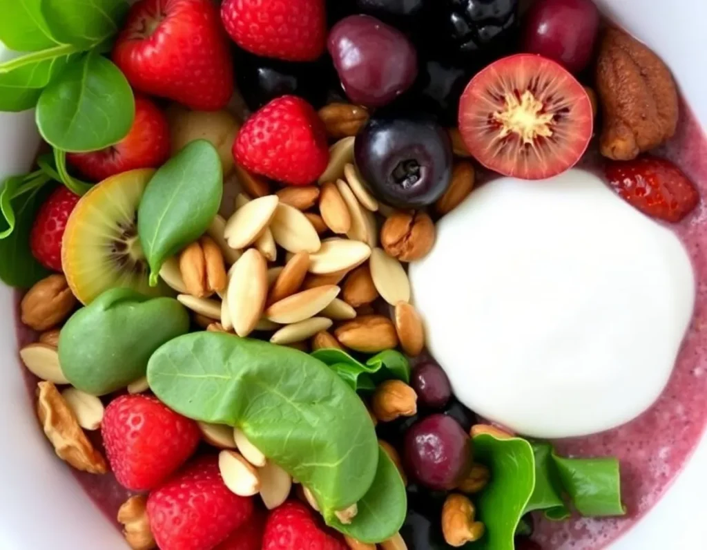 Fresh smoothie bowl ingredients like fruits, greens, yogurt, and seeds laid out on a table.