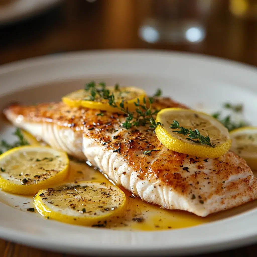 A juicy red snapper fillet A juicy red snapper fillet soaked and baked with lemon and herbs, served on a white plate with a rustic background.