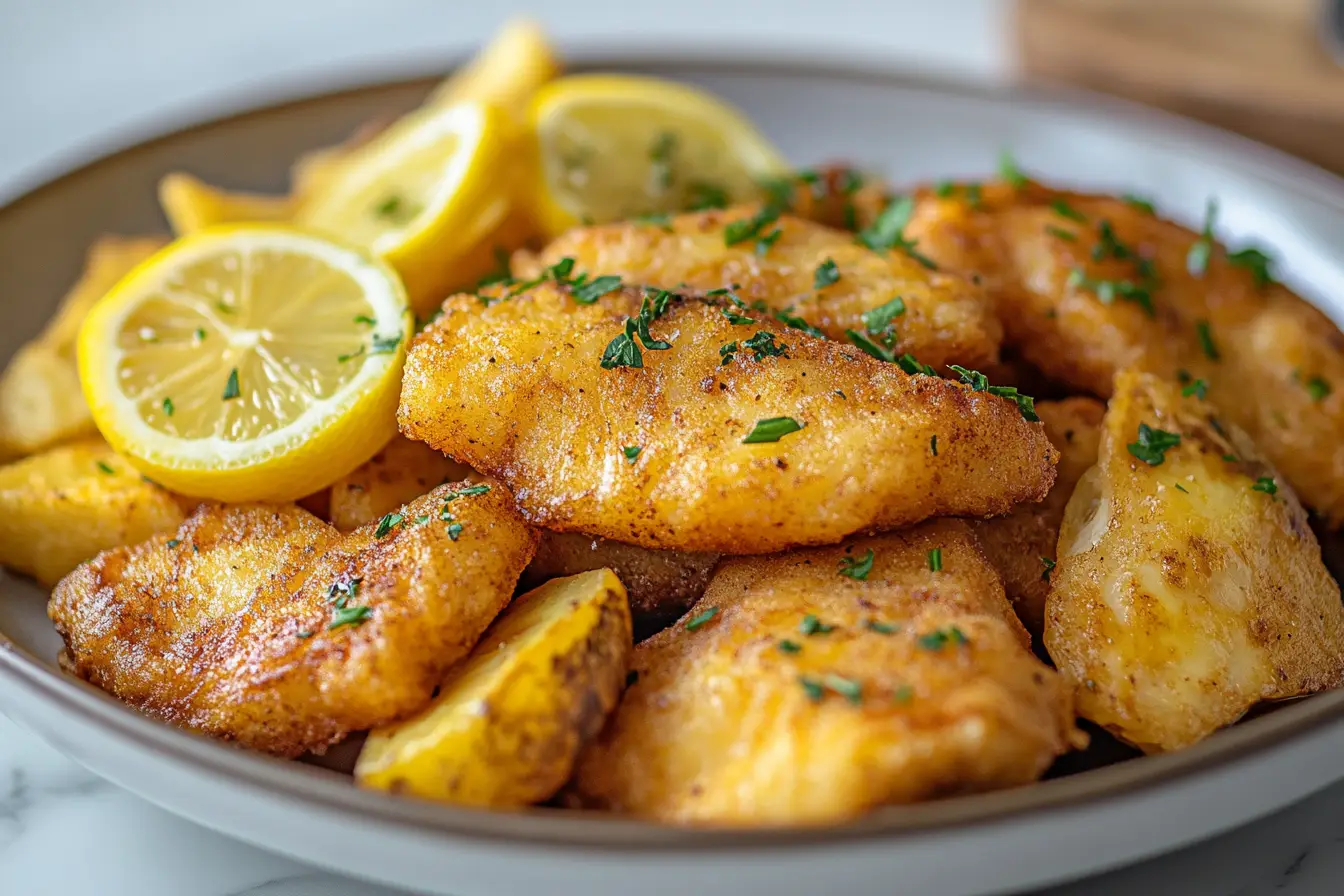 A crispy plate of golden Lectin-Free Fish and Chips with lemon slices and a side of plantain fries. Lectin-Free Fish and Chips served with plantain fries and lemon wedges