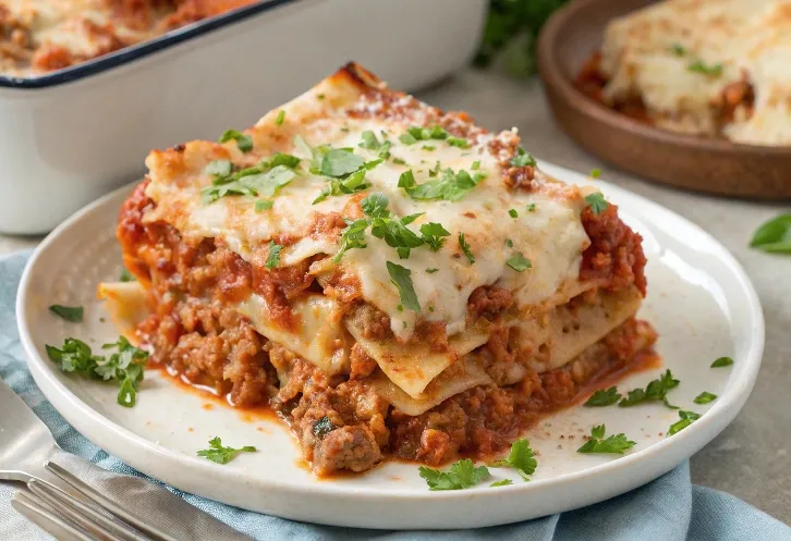 The lasagna is richly layered with a meat-based sauce, melted cheese, and garnished with finely chopped green herbs.