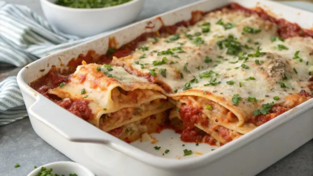 Golden baked San Giorgio lasagna with melted cheese and fresh basil on a rustic table.