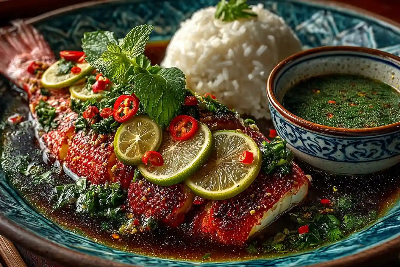 Plated Hmong snapper with herbs, sticky rice, and dipping sauce – traditional Asian-style presentation