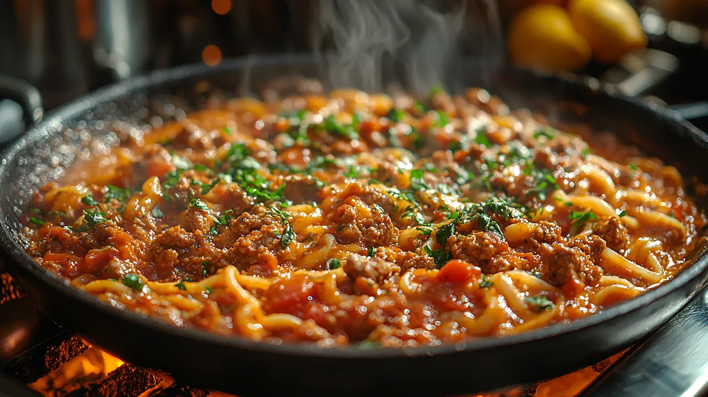 Homemade San Giorgio lasagna meat sauce simmering with fresh herbs and tomatoes
