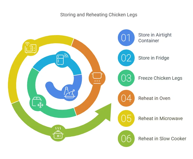 Infographic on storing and reheating chicken legs, detailing six steps: store in an airtight container, refrigerate, freeze, and reheat using an oven, microwave, or slow cooker.