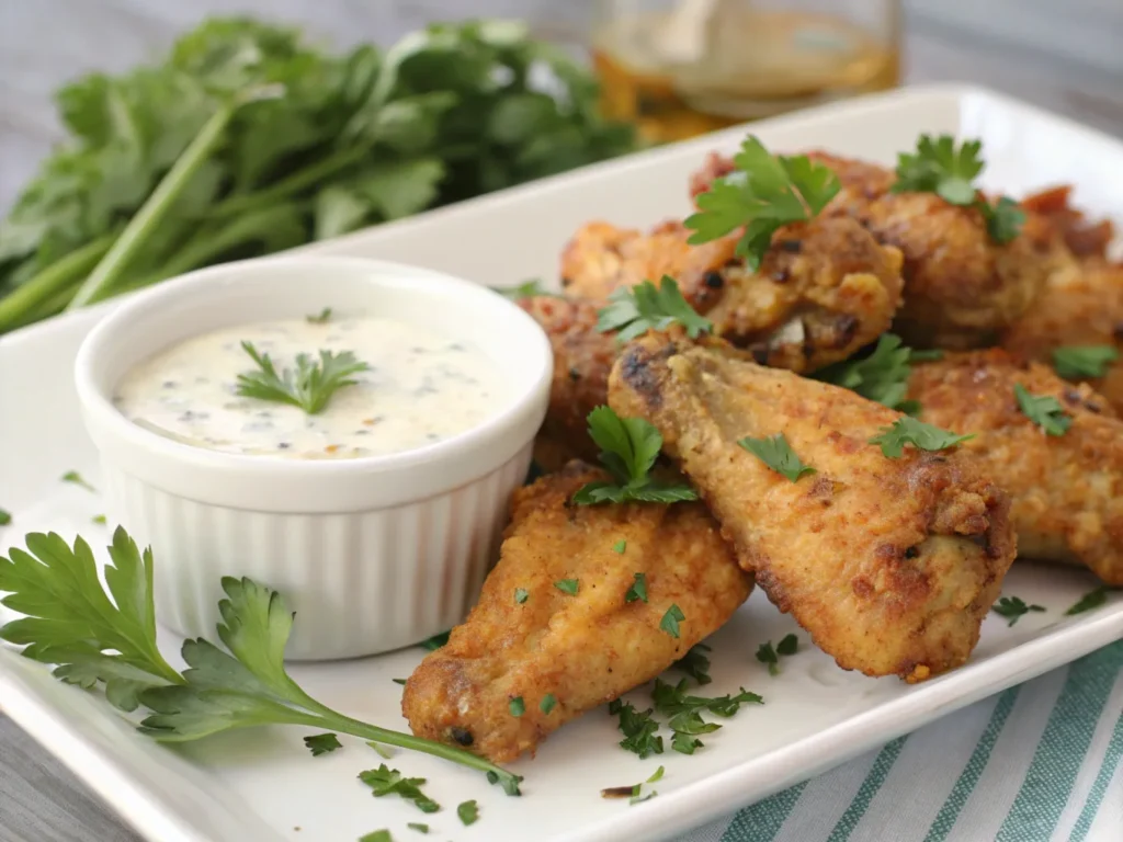 Crispy keto chicken wings garnished with parsley, served with ranch dressing, perfect for air fryer recipes.