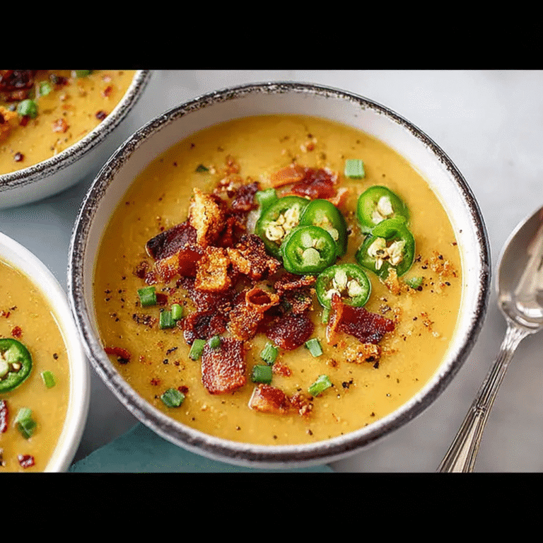 Bowl of creamy plant-based potato soup topped with sliced jalapeños, crispy vegan bacon, and chopped green onions.