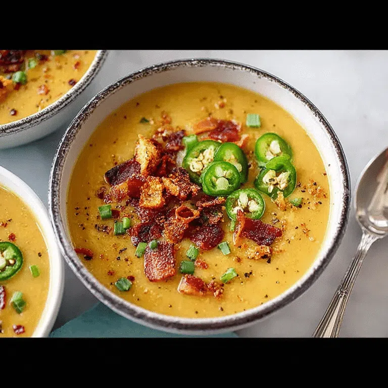 Bowl of creamy plant-based potato soup topped with sliced jalapeños, crispy vegan bacon, and chopped green onions.