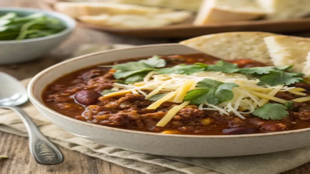 Bowl of taco soup topped with shredded cheese, cilantro, and served with crusty bread on a rustic table.