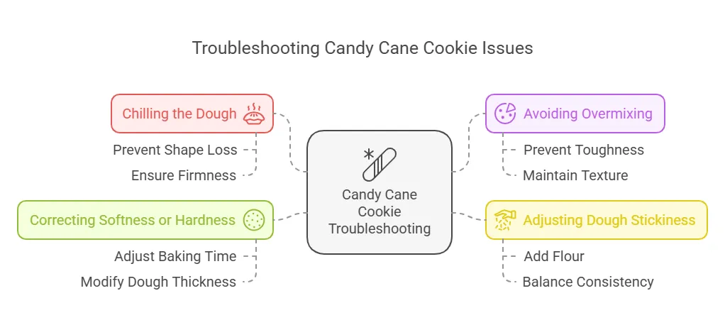 Infographic on troubleshooting Candy Cane Cookie issues, covering dough chilling, overmixing, adjusting stickiness, and correcting softness or hardness.