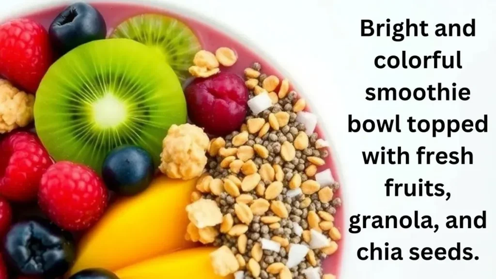 Bright and colorful smoothie bowl topped with fresh fruits, granola, and chia seeds.