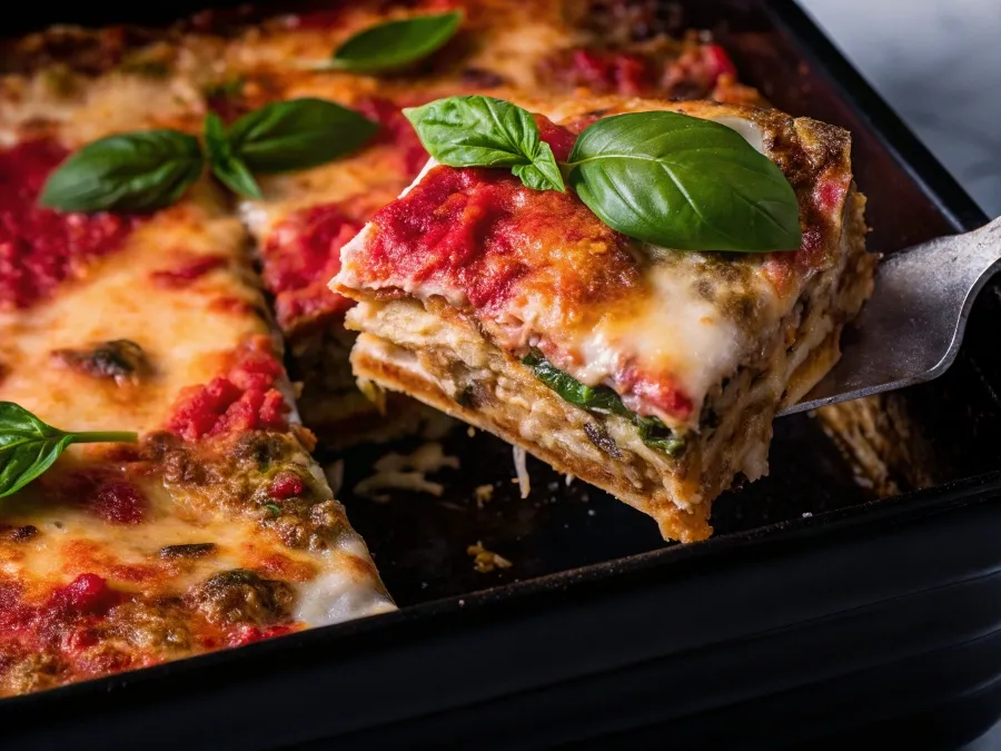 Freshly baked lasagna topped with melted cheese and garnished with basil, with a slice being lifted from the dish.