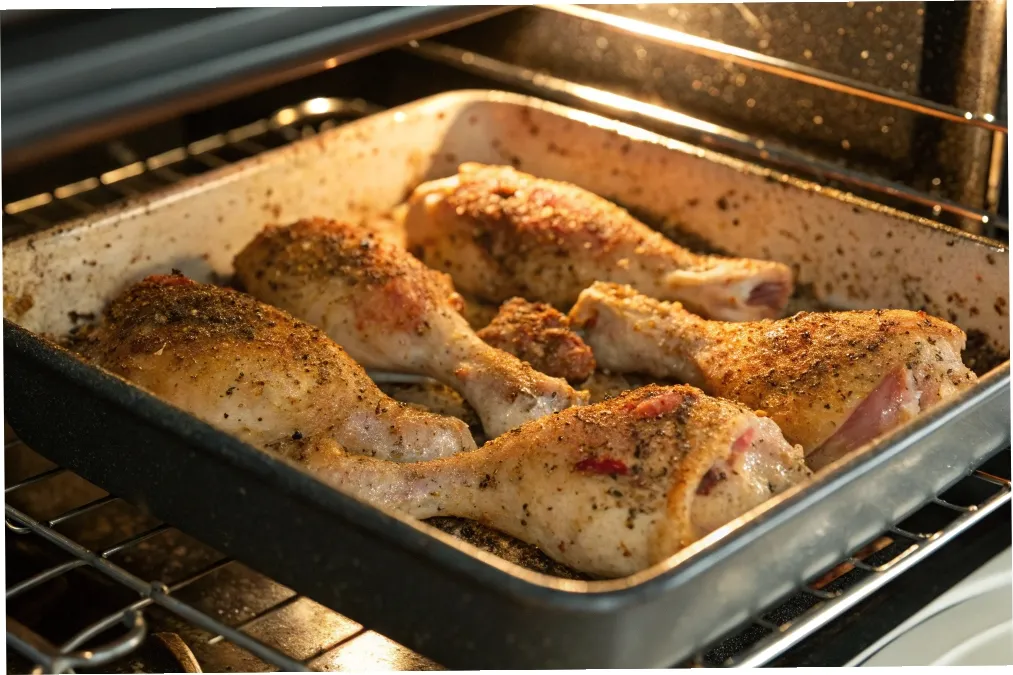 Chicken legs baking in the oven, seasoned with spices, crisping to a golden brown under the warm oven light.