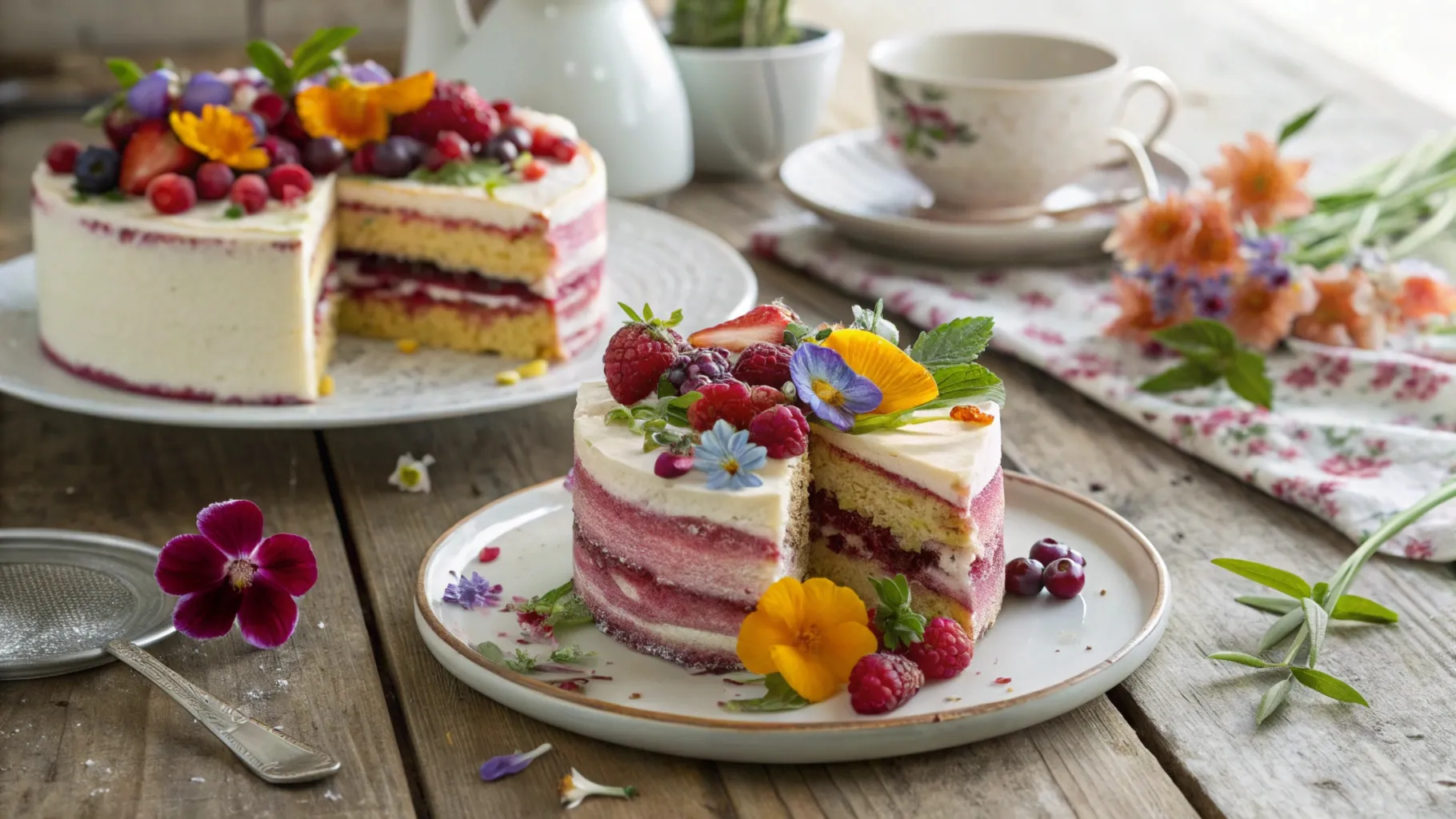 A beautifully plated cake with vibrant edible flowers, fresh fruits, and artistic frosting swirls on a rustic wooden table, bathed in soft natural light."