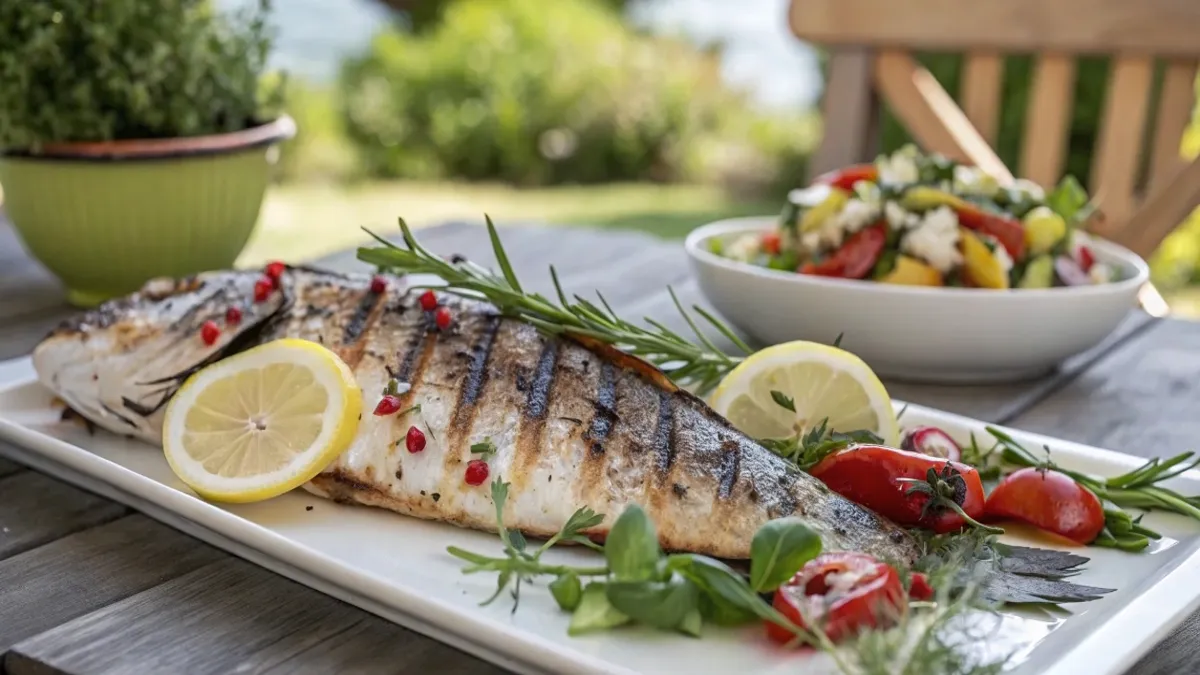 Grilled red snapper with herbs and lemon wedges on a rustic wooden table.