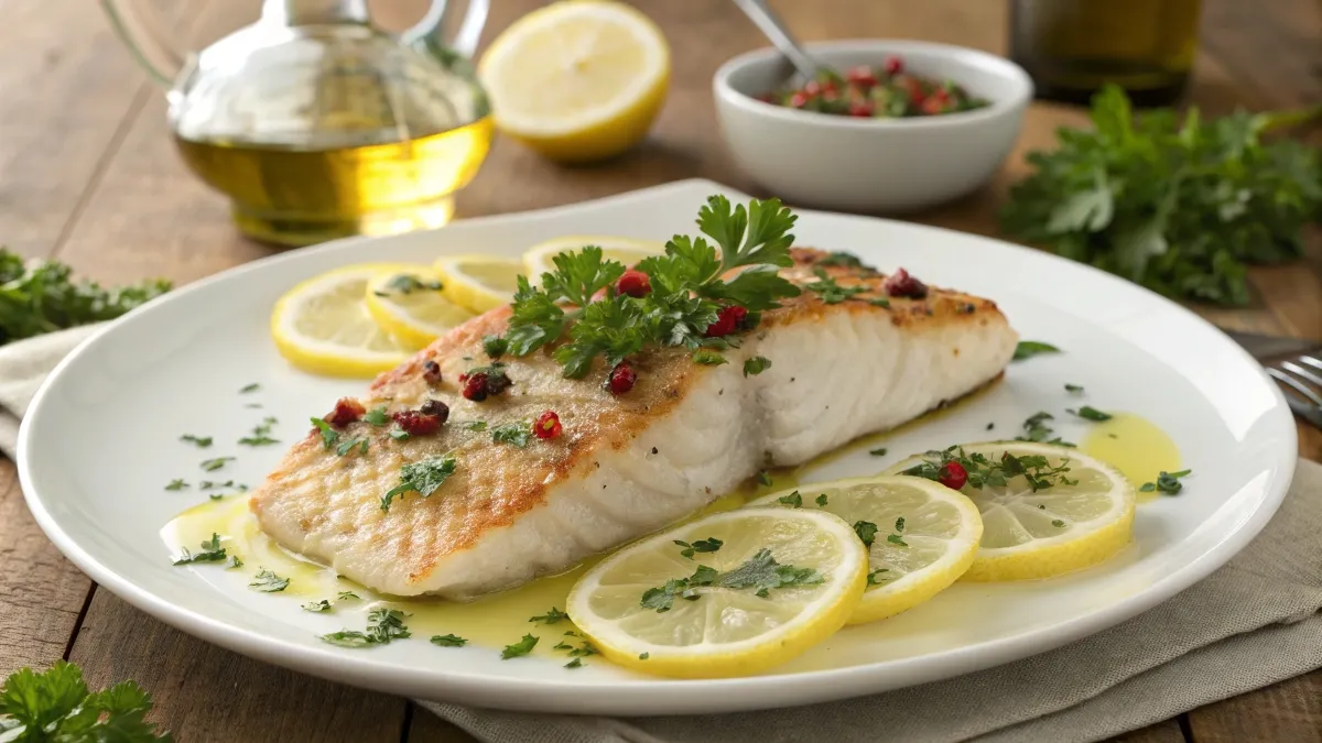 Red snapper fillet garnished with lemon slices and parsley on a white plate.