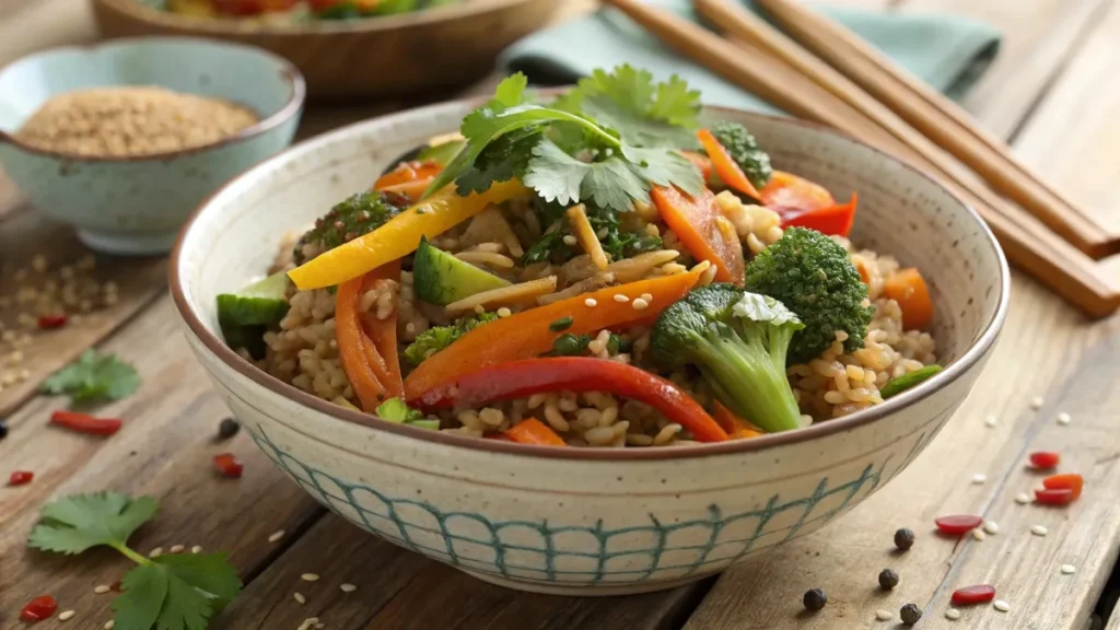 A vibrant plate of Southeast Asia Brown Rice with colorful vegetables and cilantro garnish.