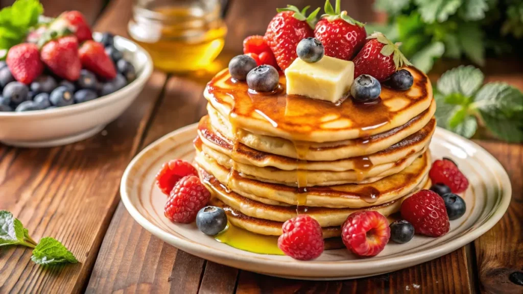 A stack of golden, fluffy pancakes topped with melting butter, maple syrup, and fresh berries on a plate.