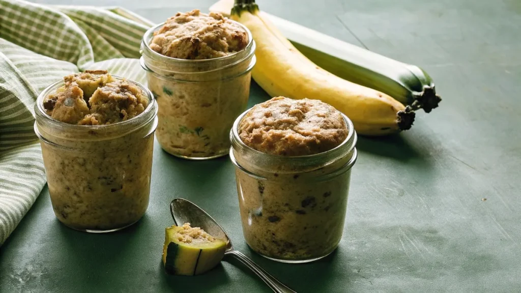 Freshly baked zucchini banana bread in jars with bananas and zucchini.