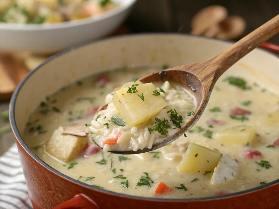 Wooden spoon scooping thick, creamy soup with potatoes and rice.