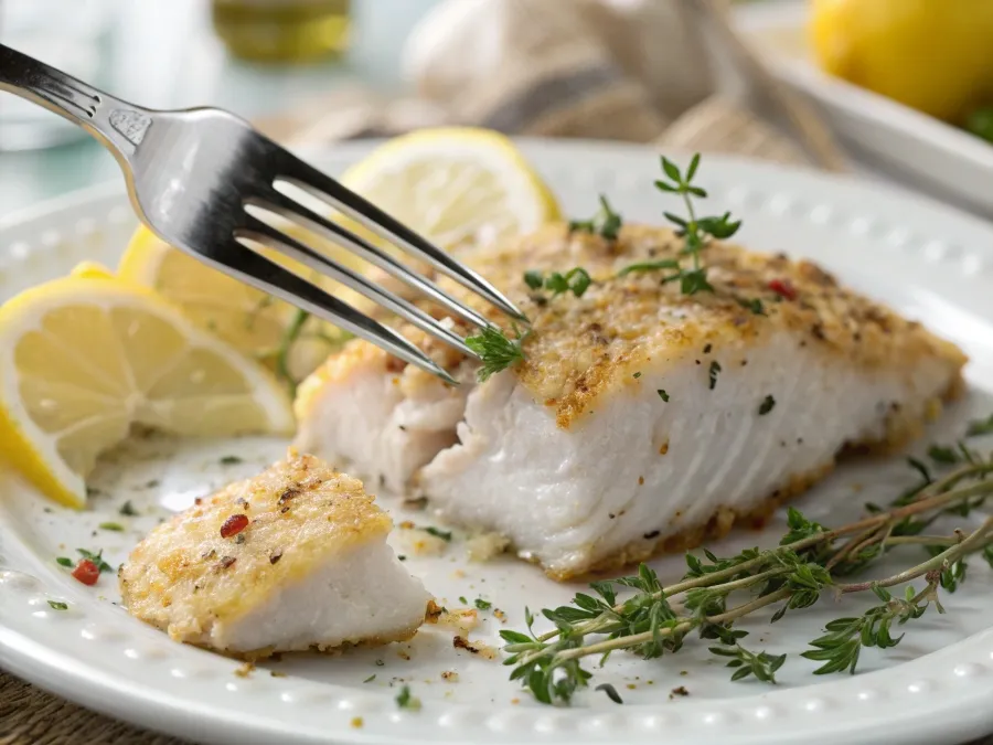 Flaky baked snapper fillet being separated with a fork.