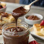 A rich chocolate sauce being drizzled into a glass jar with desserts in the background.