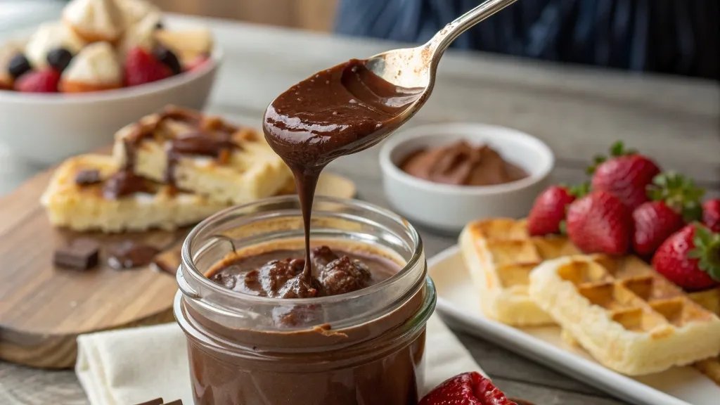 A rich chocolate sauce being drizzled into a glass jar with desserts in the background.