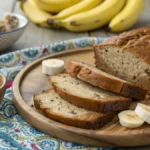 Delicious butter-free banana bread on a wooden plate with sliced bananas and yogurt.