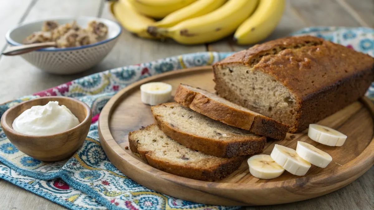 Delicious butter-free banana bread on a wooden plate with sliced bananas and yogurt.