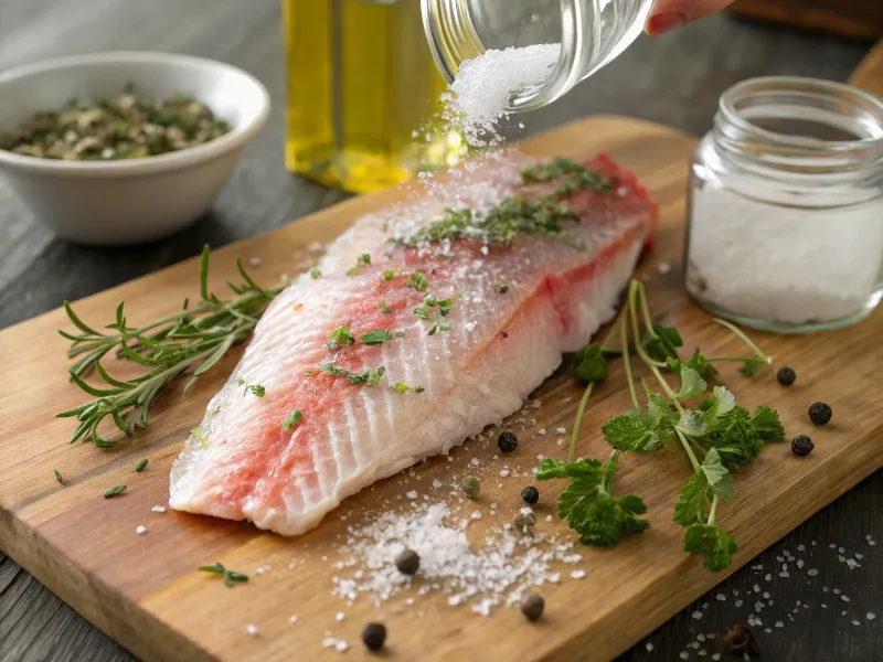 Fresh red snapper fillet being seasoned with herbs and spices.
From: https://www.recraft.ai/history?imageId=dacd01a5-8b7d-4096-9951-681937418a0f