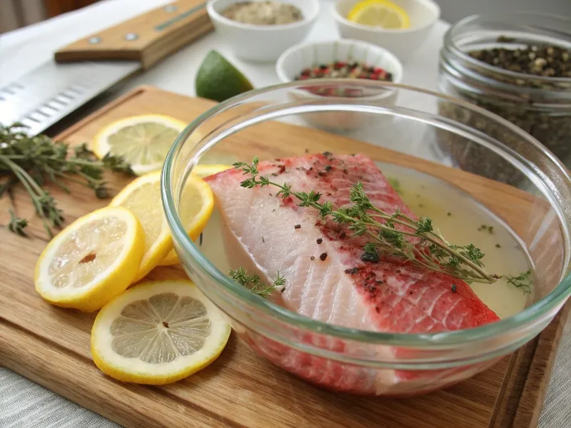 Red snapper fillet soaking in saltwater with lemon and thyme.
from: https://www.recraft.ai/project/d99bb9b8-03e2-458f-8a18-85708913b9b1