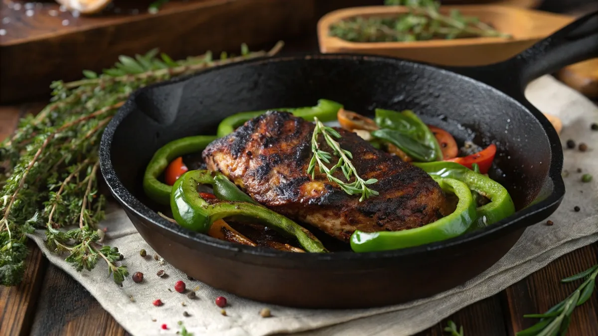 Close-up of blackened chicken and green peppers in a cast-iron skillet.