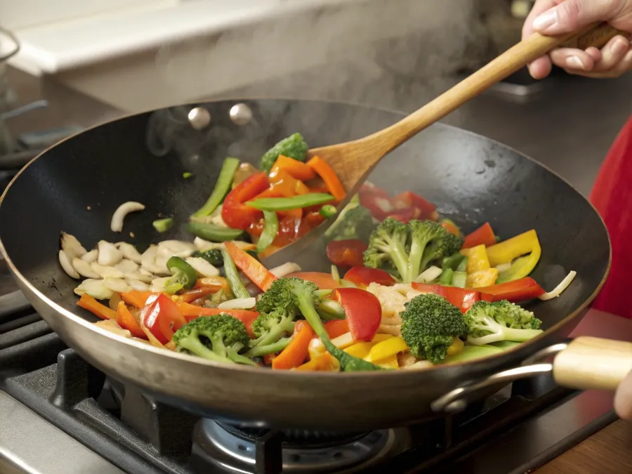 Stir-frying colorful vegetables in a wok with garlic and ginger for the Southeast Asia Brown Rice recipe.