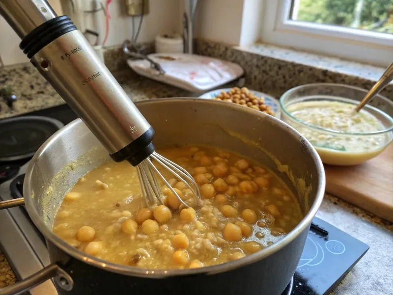 Immersion blender blending chickpeas in a pot of soup. 
From: https://www.recraft.ai/history?imageId=a70114cd-b92a-4acd-ab2b-8864dd66cc91