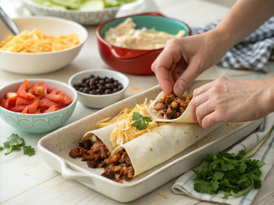 Hands assembling Boulders Enchiladas with seasoned meat, beans, and cheese.