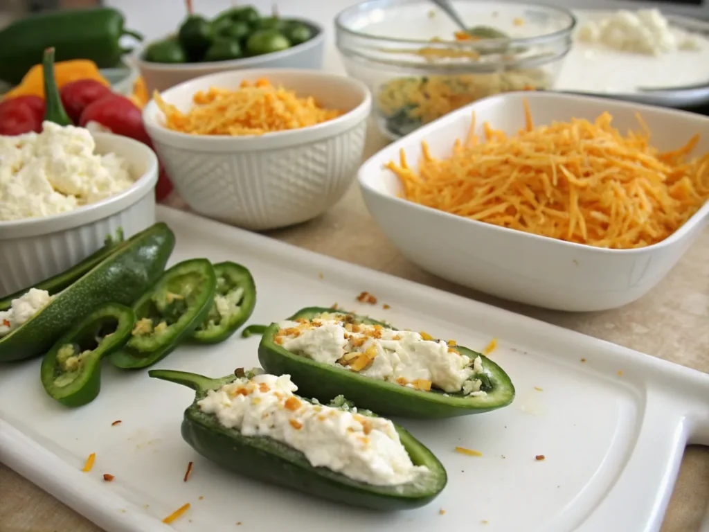 Halved jalapeños are stuffed with cream cheese and cheddar for a delicious Armadillo eggs recipe.