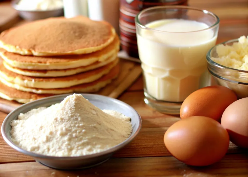  Fresh pancake ingredients, including flour, eggs, milk, sugar, and butter, arranged on a kitchen counter.