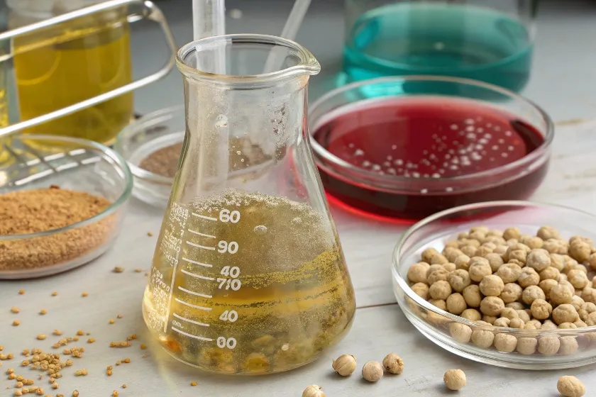 Beaker filled with chickpea liquid, surrounded by dried chickpeas, powders, and colorful liquids in a lab-like setting