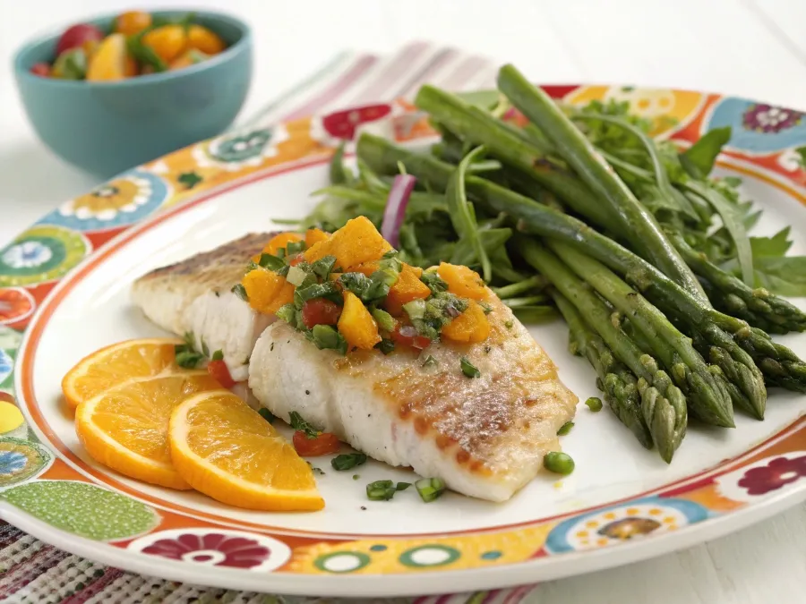 Baked snapper served with citrusy arugula salad and steamed asparagus.