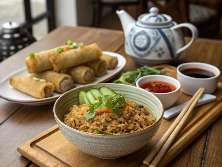 A bowl of Southeast Asia Brown Rice paired with spring rolls and cucumber salad in a cozy dining setup.